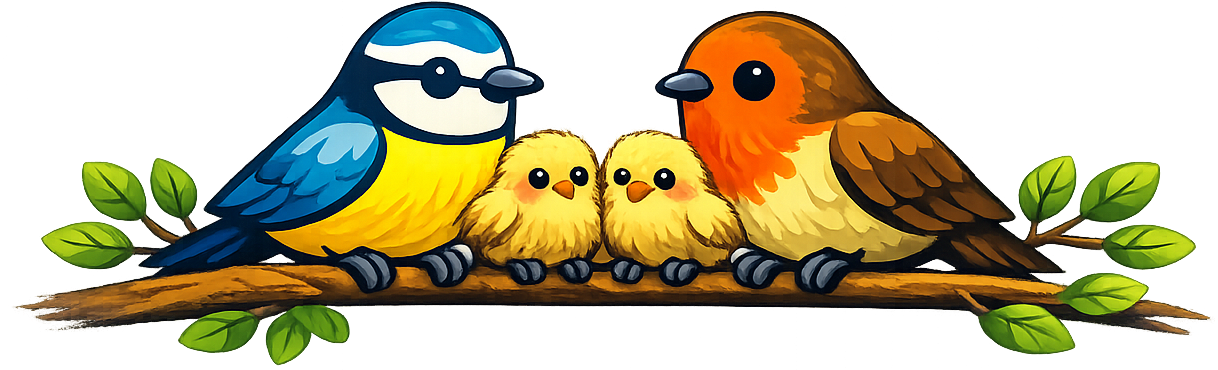 A bird family sitting on a branch